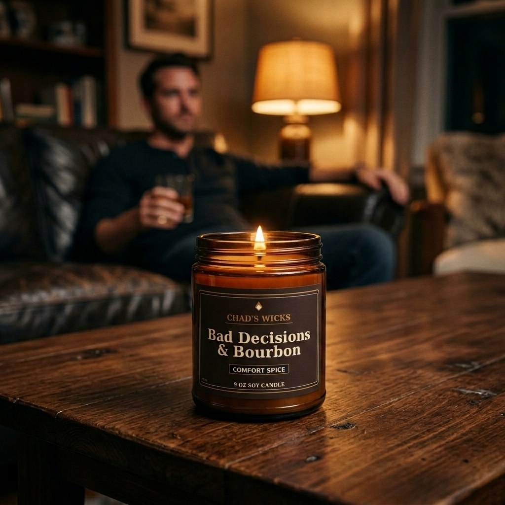 Bad Decisions & Bourbon candle on a coffee table in a warm living room