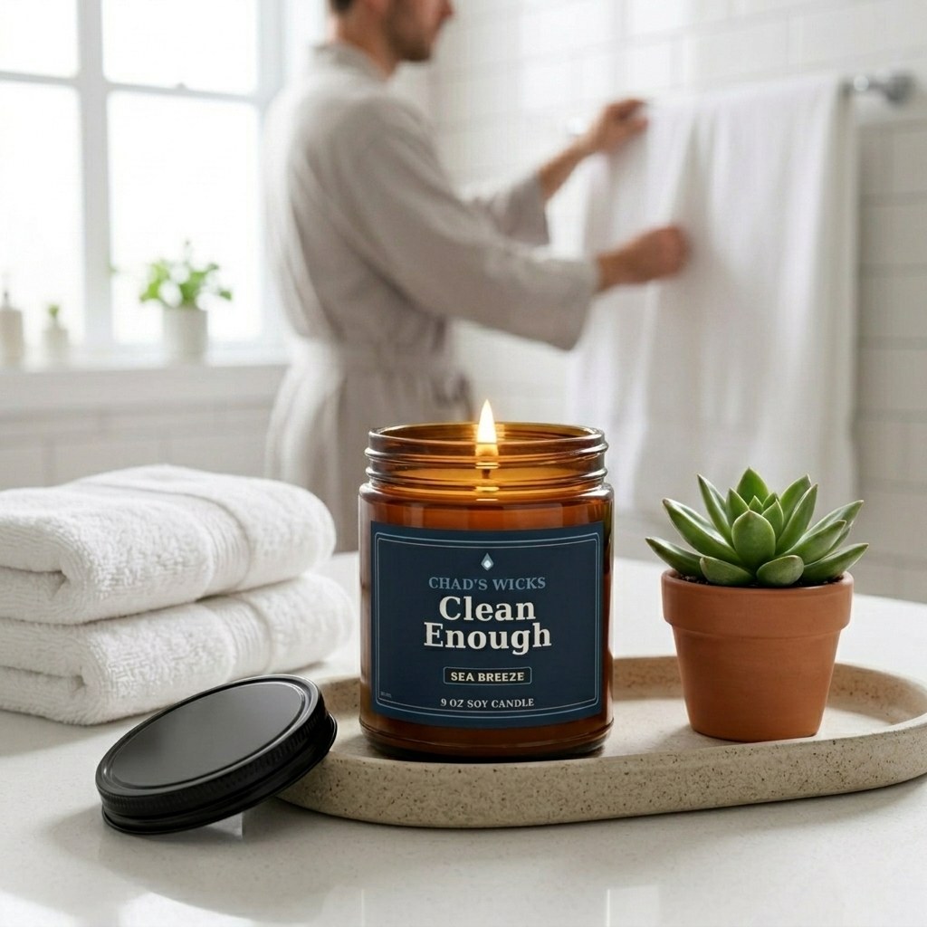 Clean Enough candle in a clean bathroom