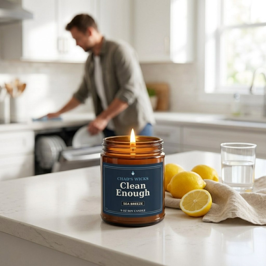 Clean Enough candle on a clean kitchen counter