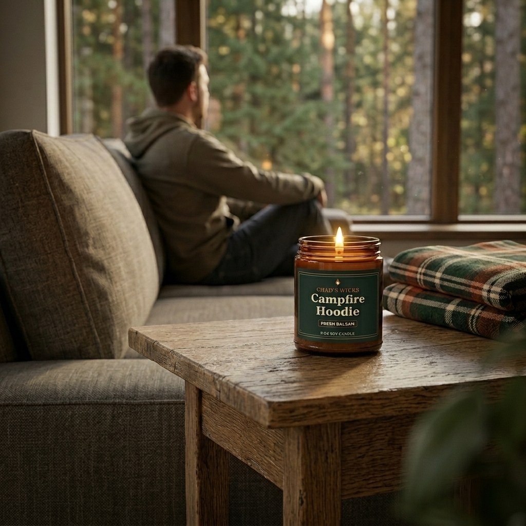 Campfire Hoodie candle in a cozy room