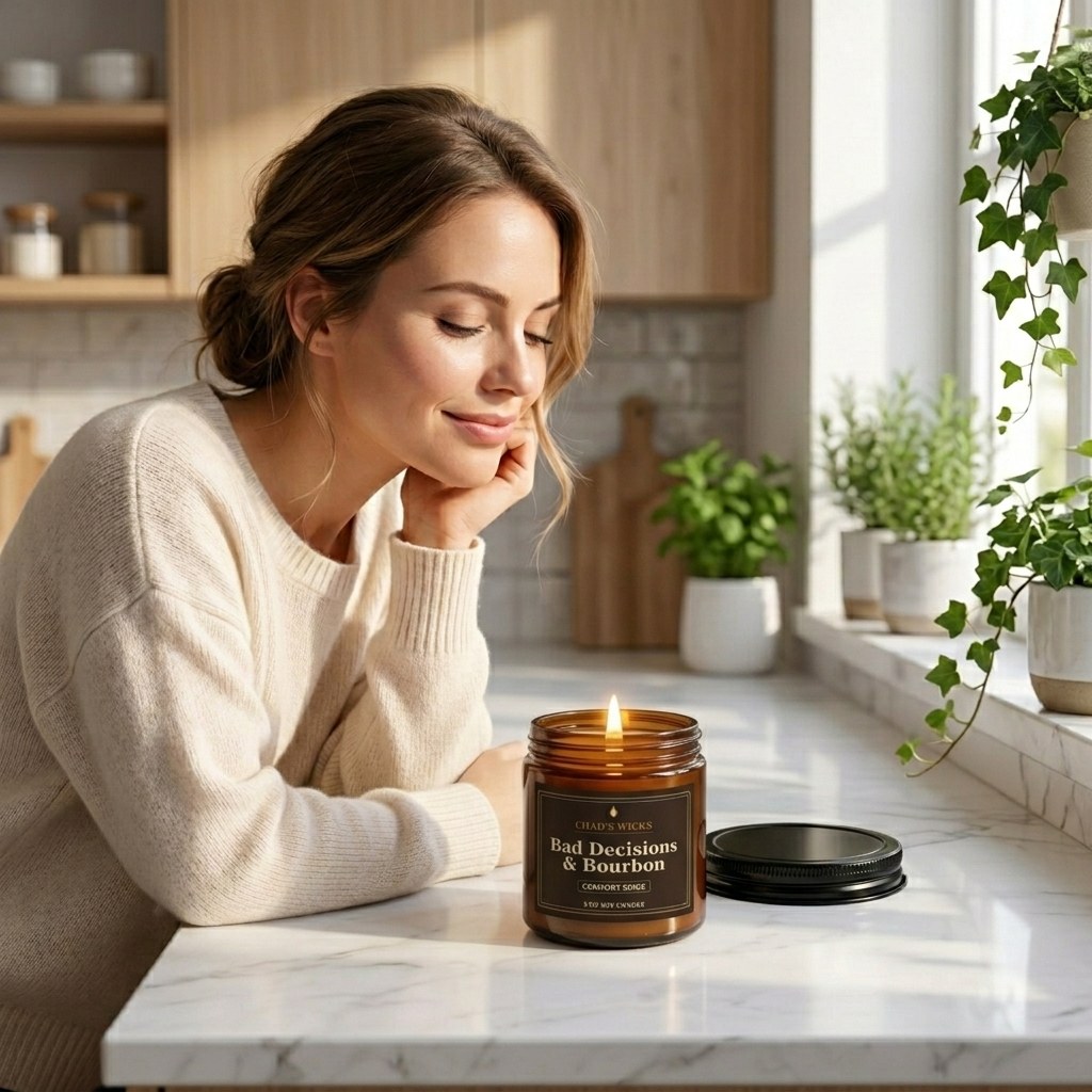 Bad Decisions & Bourbon candle in a home setting